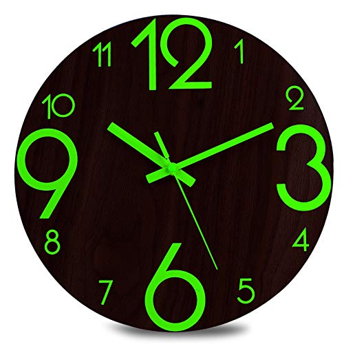 Plumeet Luminous Wall Clock - 12'' Non-Ticking Silent Wooden Clocks with Night Light