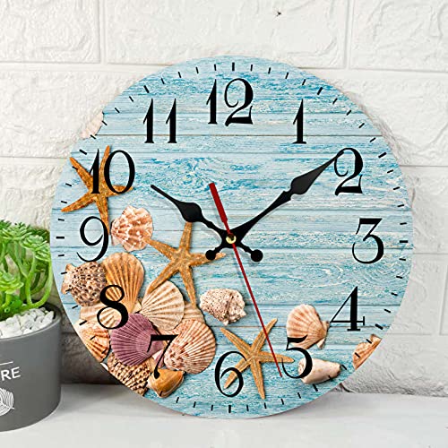 Starfish Seashells Blue Wooden Vintage Round Wall Clock
