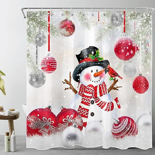 Festive Red Christmas Snowman Shower Curtain