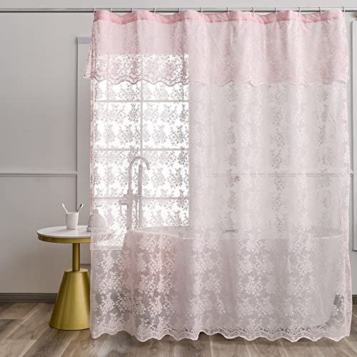 Vintage Pink Lace Shower Curtain with Attached Valance