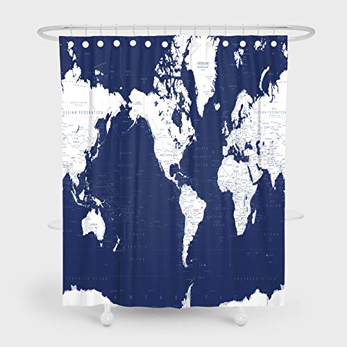 Navy Blue World Map Shower Curtain
