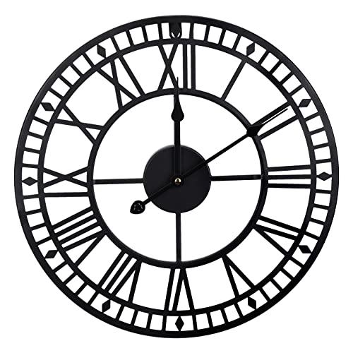 Modern Metal Wall Clocks - Black Round Silent Non Ticking with Roman Numerals