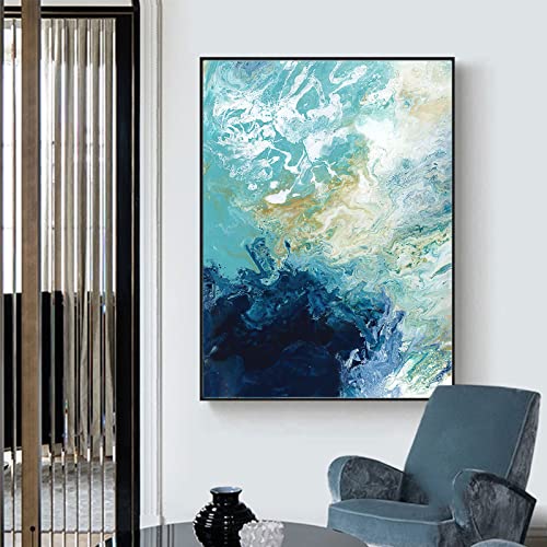 Blue Gold Abstract Painting Modern Wall Art Canvas