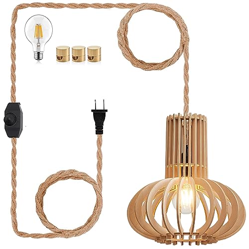 Wooden Pendant Hanging Light with Dimmable Switch