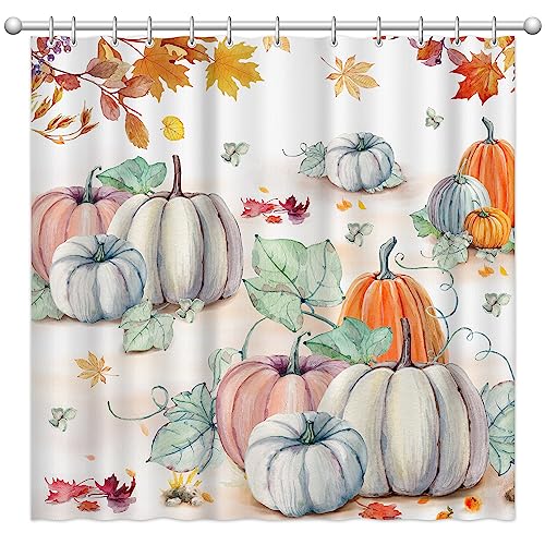 Autumn Shower Curtain with Pumpkin and Maple Leaf Design