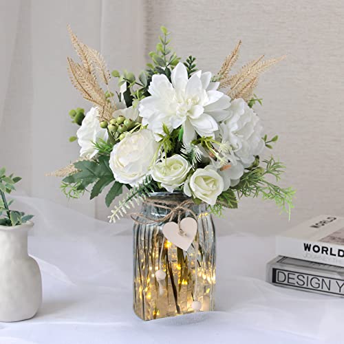 Faux Flowers in Vase - Silk White Rose Flower Arrangements with Copper Lights