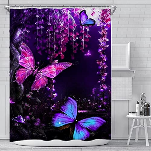 Purple Floral Bath Curtain with 12 Hooks
