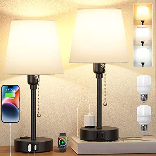 Small Bedside Lamps Set of 2 with USB Charging Port and AC Outlet