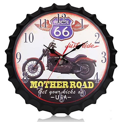 CIGERA 14 Inch Metal Wall Clock with Bottle Cap and Vintage Motorcycle Clock Dial