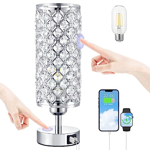 Elegant Crystal Touch Lamp with USB-C+A Ports