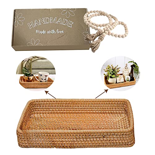 Real Handwoven Rattan Tray with Wooden Beads Garland