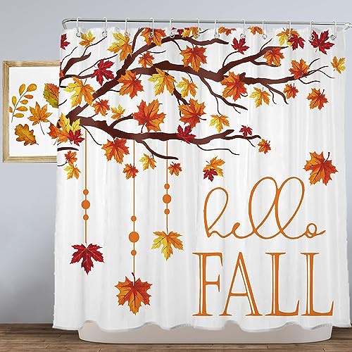 Autumn Shower Curtain, Fall Leaves Shower Curtain with Hooks