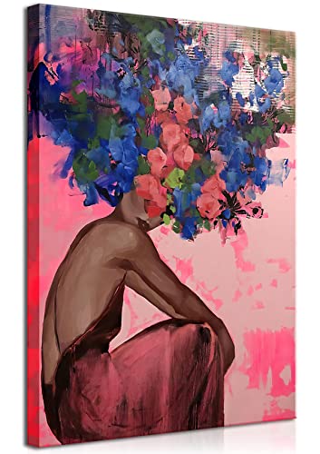 Colorful Flower on Black Women Head Wall Decor