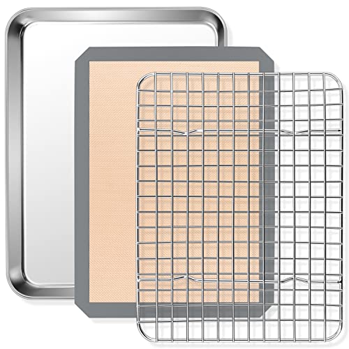 Small Toaster Oven Pan with Grid Rack and Silicone Mat Set