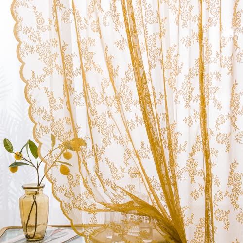 Sutuo Home Gold Lace Curtains - Vintage Voile Window Treatment