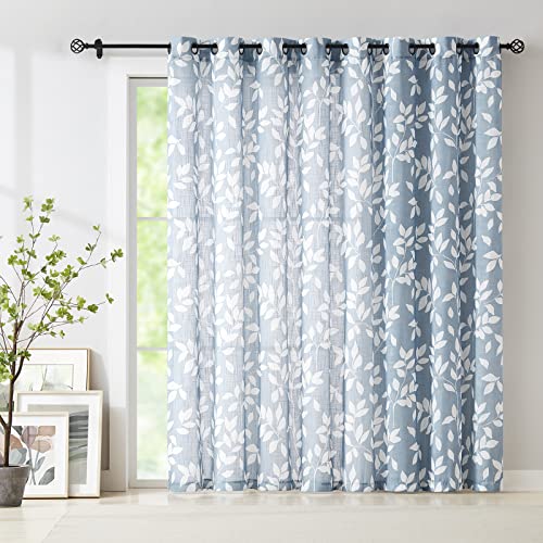 Blue White Sheer Leaf Print Glass Door Curtain
