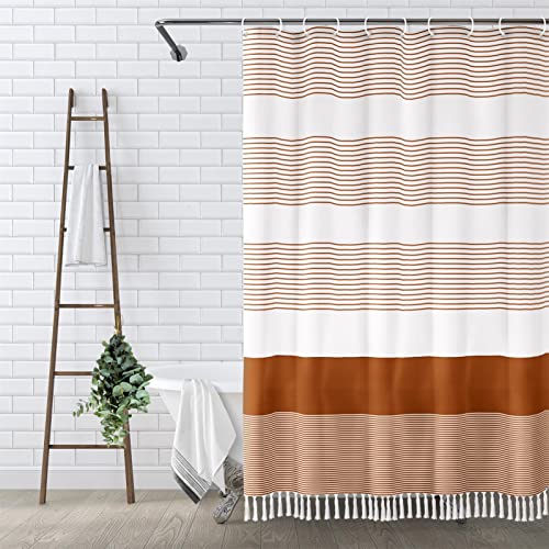 Boho Orange Stripe Tassel Shower Curtain