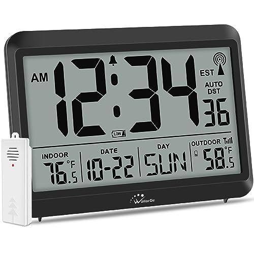 WallarGe Atomic Clock with Temperature - Digital Clock Battery Operated, Self-Setting, 4 Time Zones, DST