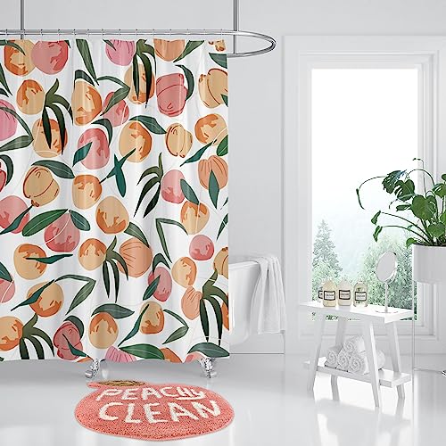 Boho Peachy Pink Bathroom Decor Set with Shower Curtain and Bath Mat