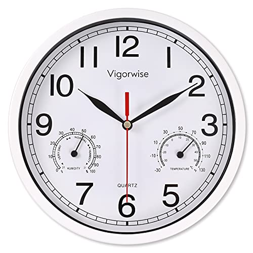 Vigorwise 8 Inch White Wall Clock with Temperature & Humidity