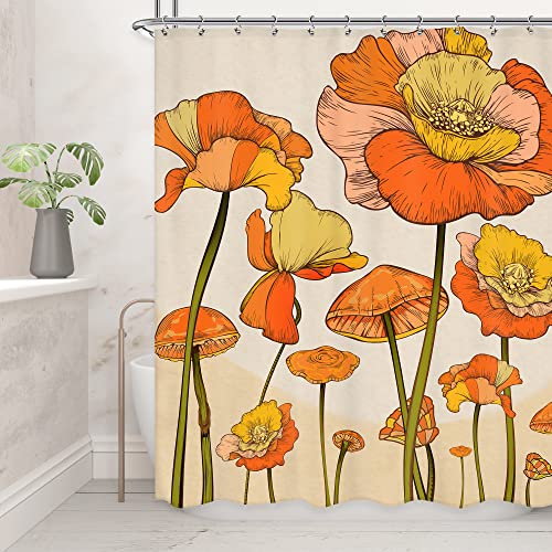 Retro Orange Floral Mushroom Shower Curtain