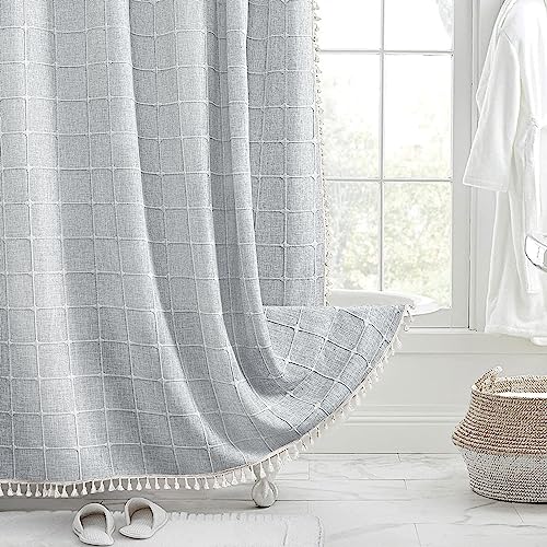 Gray Farmhouse Tassel Linen Shower Curtain