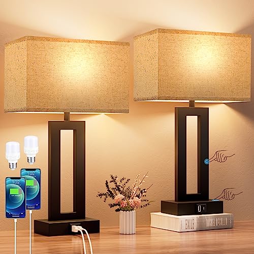Touch Bedside Lamp with USB C+A, 3 Way Dimmable Living Room Lamps