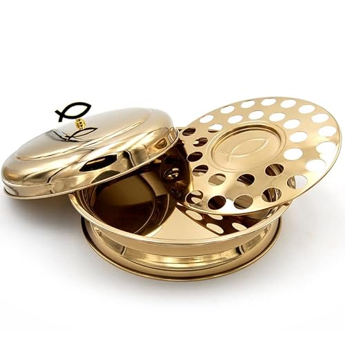 Stackable Communion Tray with Integrated Bread Plate - Brass Tone