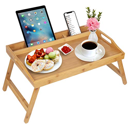Bamboo Bed Tray Table with Phone Tablet Holder