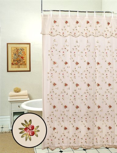 Embroidered Lace Roses Floral Shower Curtain with Valance