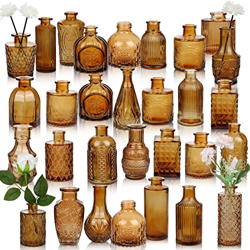 Liengoron Bud Vase Set - Vintage Amber Glass Vases for Centerpieces
