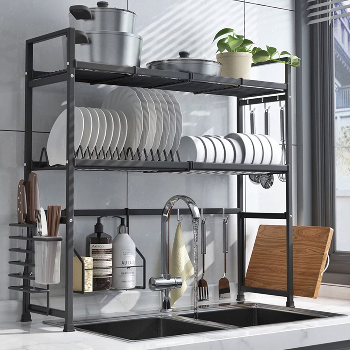 SwetLao Sink Dish Drying Rack, Expandable 304 Stainless Steel Metal Dish Drainer Rack Organizer Shelves with Stainless Steel Utensil Holder Over Inside Sink