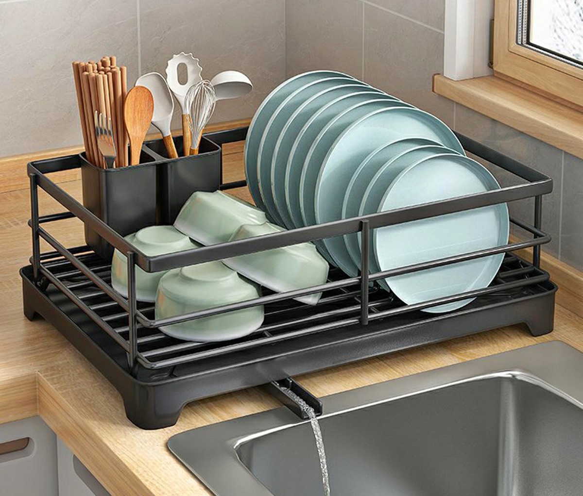 SONGMICS Dish Drying Rack, Stainless Steel Dish Rack with Rotatable Spout, Drainboard, Dish Drainers for Kitchen Counter, Silver and Gray