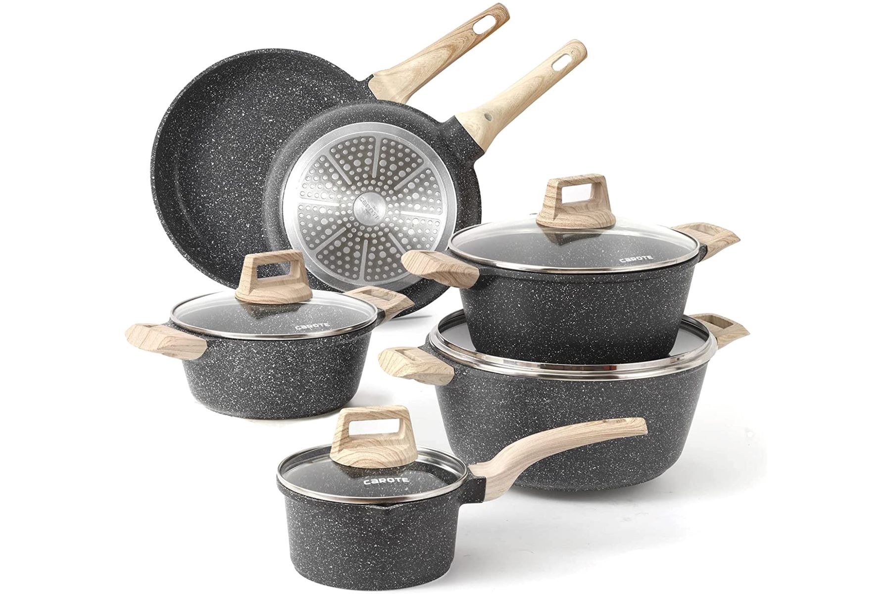 Kitchen Academy Induction Cookware Sets - 15 Pcs Black Hammered Cooking  Pans Set, Healthy Granite Nonstick Pots and Pans Set