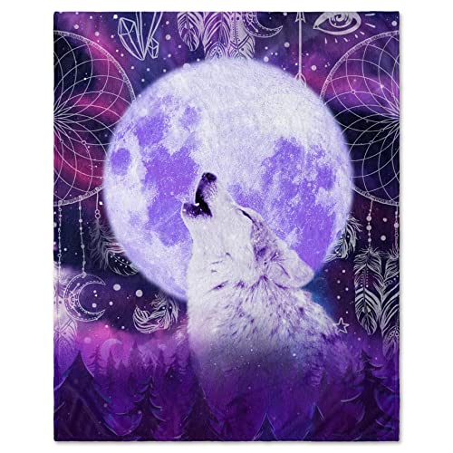 Purple Dream Catcher Wolf Throw Blanket