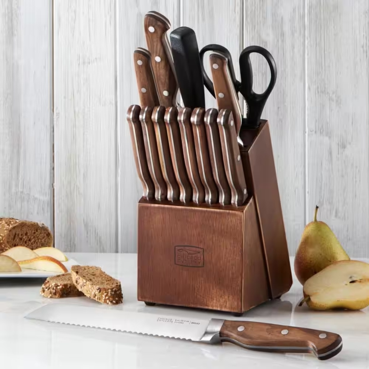  MARTHA STEWART Eastwalk 14 Piece High Carbon Stainless Steel Cutlery  Knife Block Set w/ABS Triple Riveted Forged Handle Acacia Wood Block -  Linen White: Home & Kitchen
