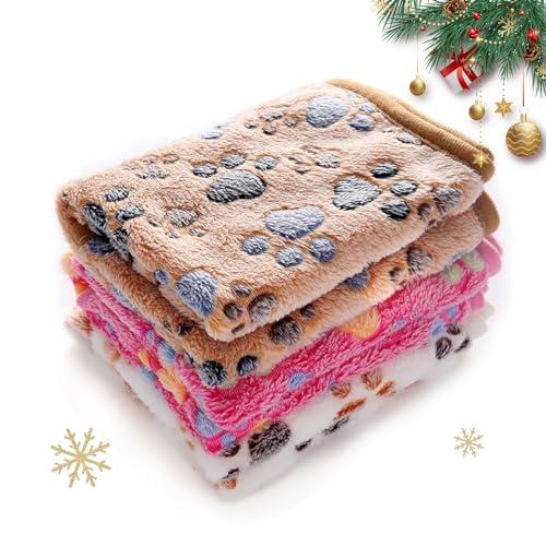 1 Pack 3 Blankets Super Soft Fluffy Premium Fleece Pet Blanket Flannel Throw for Dog Puppy Cat Paw Brown/Pink/White Small(23x16 inch)