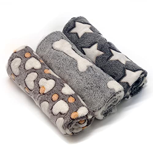 1 Pack 3 Puppy Blankets Super Soft Warm Sleep Mat Grey Cute Print Fluffy Fleece Pet Flannel Throw Dog Blankets for Small Dogs Cats,Star&Bone&Love- Small (23"x15")