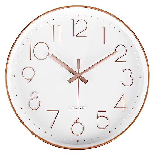 10 Inch Battery Operated Modern Round Non-Ticking Wall Clocks for Kitchen, Office, Classroom (Rose Gold)