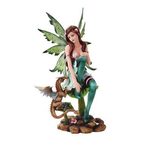 10 Inch Green Winged Fairy Sitting with Baby Dragon Statue Figurine