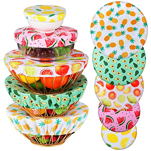 10 Pieces Bowl Covers Reusable in 5 Size Stretch Cloth Fabric Elastic Food Storage Cotton Bread Lids for Food, Fruits, Leftover (Summer Style)