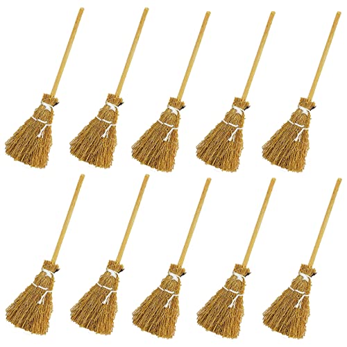 10 Pieces Mini Witches Broomstick Mini Broom Halloween Straw Craft Miniature Brush Decorations Witches Wizard Accessory for Halloween Costume Cosplay Party