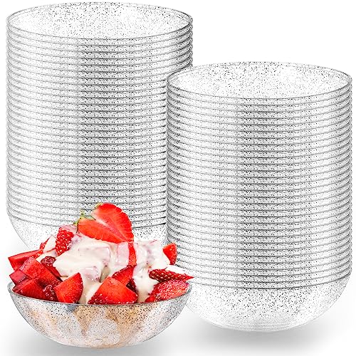 100 Pcs 14 oz Glitter Plastic Bowls Disposable Heavy Duty Clear Plastic Soup Bowls Plastic Serving Bowls Plastic Dinnerware for Parties, Wedding, Salad, Candy, Dessert, Ice Cream, Christmas (Silver)