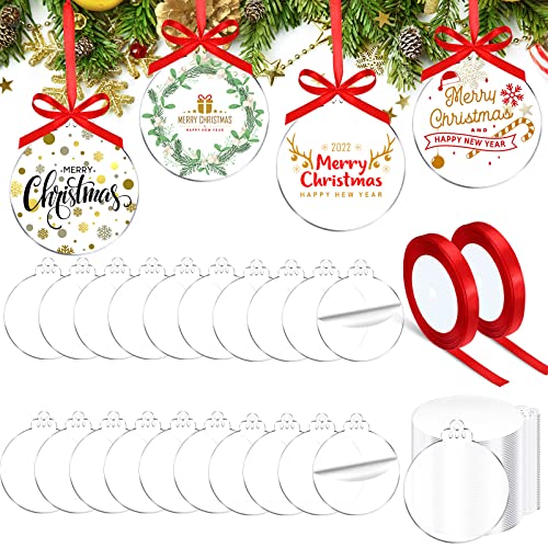 100 Pcs Clear Acrylic Ornament Blanks Bulk Christmas Round Acrylic Discs Ornament Vinyl Christmas Hanging Circle Ornaments Blank with 2 Rolls Red Ribbon for Christmas Tree DIY Crafts (3 Inch)