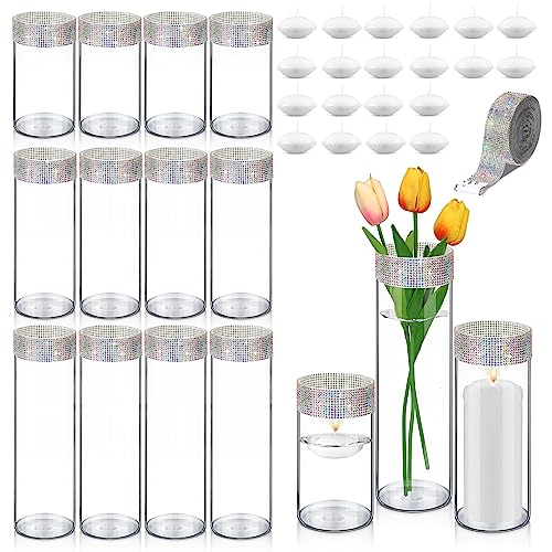12 Pcs Glass Cylinder Vases Hurricane Candle Holder for Centerpieces 3 Sizes Tall Clear Vases with 20 Pcs Floating Candle 3 Yards Self Adhesive Rhinestone Ribbon for Wedding Home Dinner (AB Color)