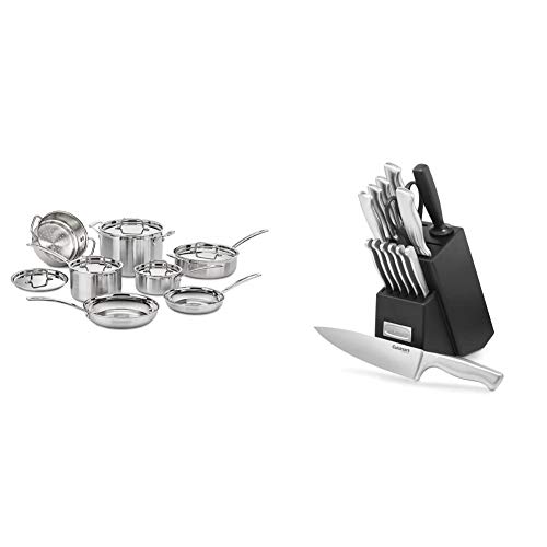 12 Piece Cookware Set by Cuisinart, MultiClad Pro Triple Ply, Silver, MCP-12N & 15 Piece Kitchen Knife Set with Block by, Cutlery Set, Hollow Handle, C77SS-15PK