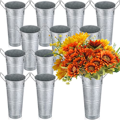 12 Pieces Galvanized Flower Bucket French Metal Bucket 9 Inches Rustic Flower Vase with Handles for Cut Flowers Farmhouse Galvanized Flower Containers for Home Wedding Table Centerpiece Decorations