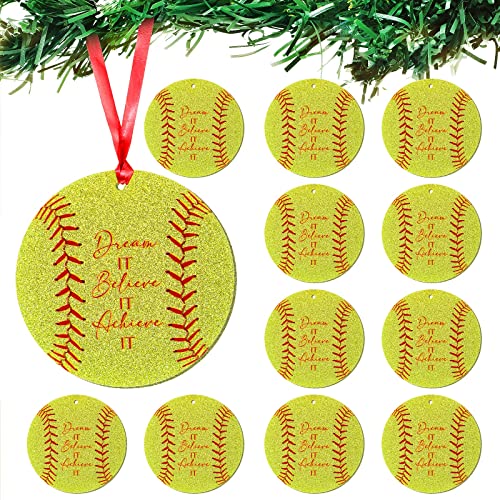 12 Pieces Softball Christmas Ornament 2022, Personalized Christmas Tree Ornament Round Glitter Acrylic Ornament Xmas Tree Hanging Decorations Softball Gift Keepsake for Softball Player Sports Fan