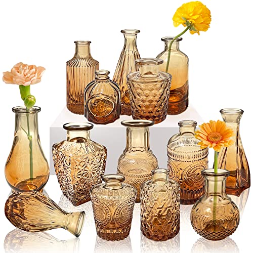 14 Pcs Amber Glass Bud Vase Set,Small Brown Vases,Mini Vintage Glass Flower Vases for Centerpieces,Wedding Decorations,Home