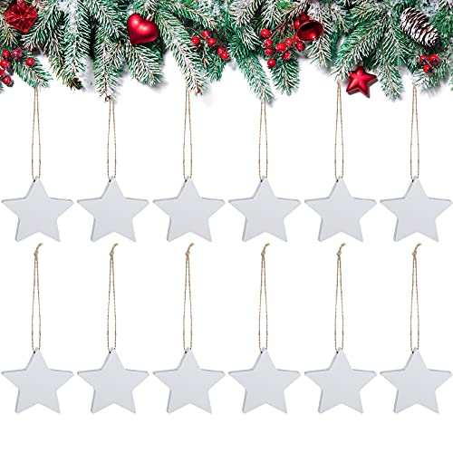 16 Pieces Farmhouse Star Ornaments Wood Star Christmas Decoration Wood Star Cutouts Hanging Ornament Wooden Hanging Star Ornaments Retro Vintage Style Wood Star Pendant for Home Decor (White)